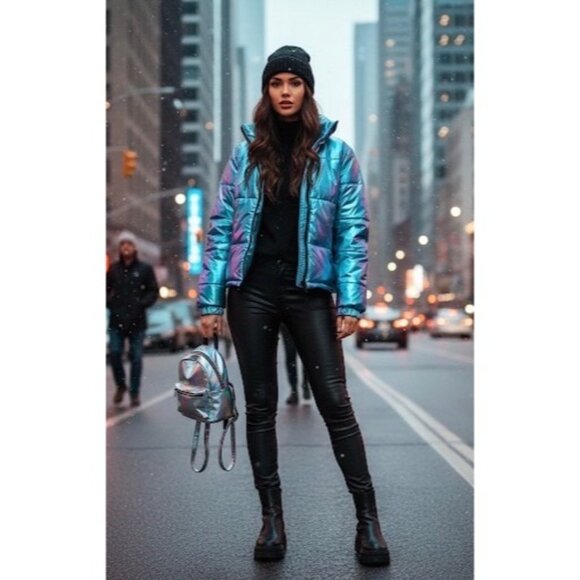 NWOT Club Exx x Dolls Kill Iridescent Metallic Hooded Zip Up Snow Puffer Jacket - Picture 7 of 8